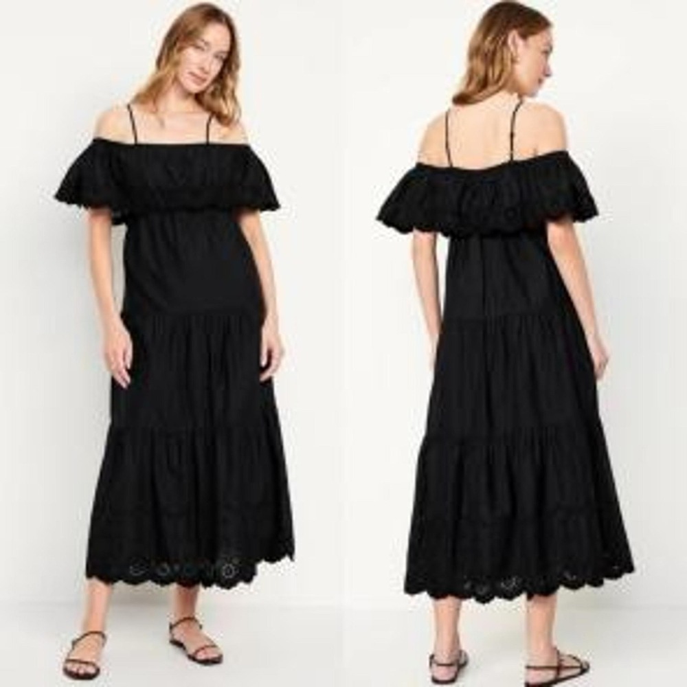 Old Navy Womens Size L Dress Black Eyelet Cutwork Ruffle Tiered Midi 100% Cotton